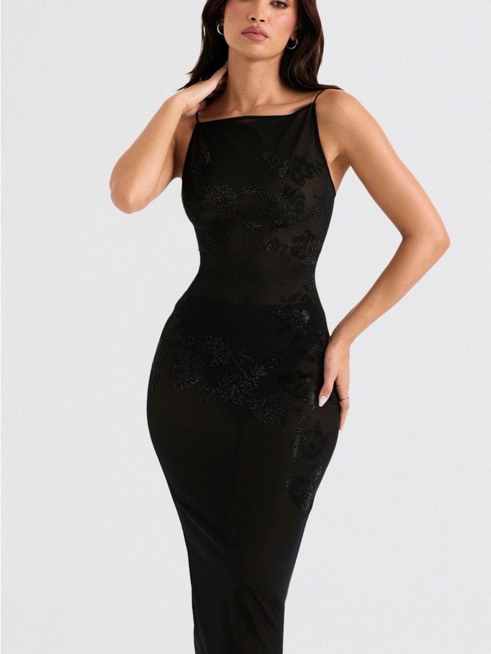House of CB Amirah Black Mesh Crystal Midi Dress – Size S